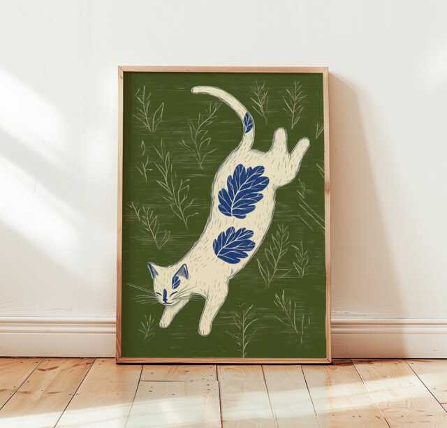 White Cat Poster, Botanical Print, Folk Style Wall Art - image 1