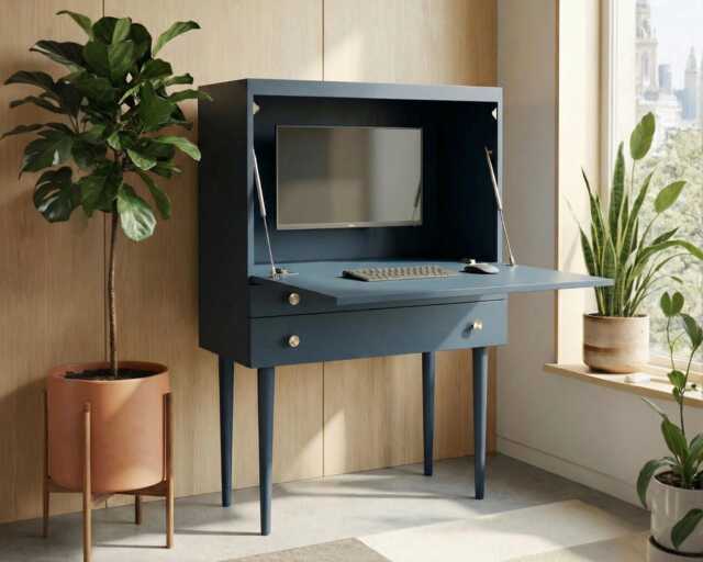 Fold Away Secretary Desk - Mid Century Modern Pull-Down Floating With Drawers, Sailor - image 1