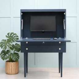 Fold Away Secretary Desk - Mid Century Modern Pull-Down Floating With Drawers, Sailor - thumbnail 2
