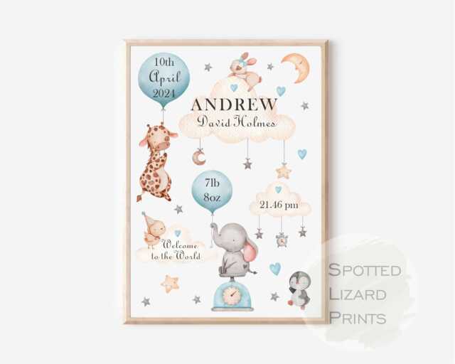Personalised Safari Nursery Print - Baby Birth Details Wall Art Jungle Decor New Gift Custom Name A4 Unframed - image 1