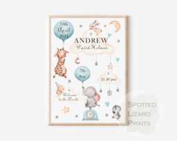 Personalised Safari Nursery Print - Baby Birth Details Wall Art Jungle Decor New Gift Custom Name A4 Unframed - thumbnail 1