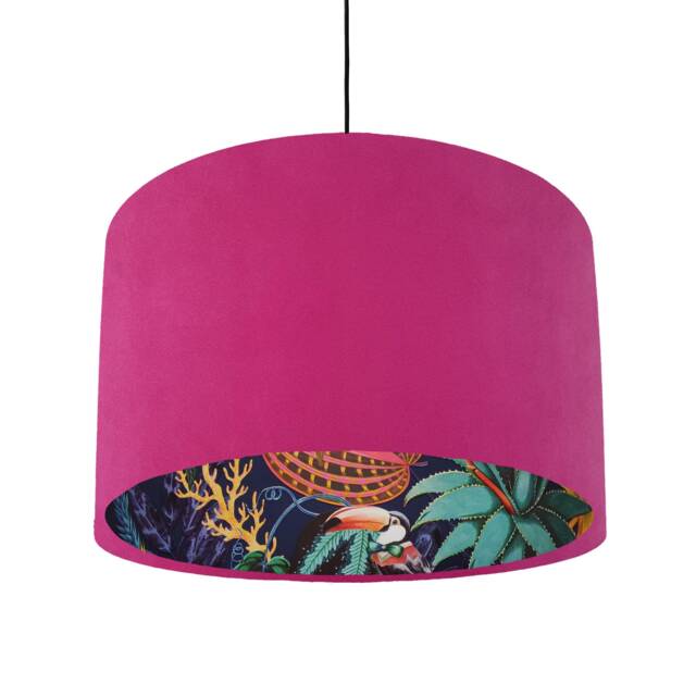 Pink Velvet Lampshade With Tropical Wonderland Lining, Large Ceiling Lightshade - image 1