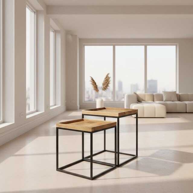 Industrial Mango Wood Side Tables Square Tray Top, Metal Legs - Set Of 2 - image 1