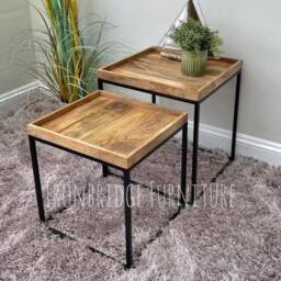Industrial Mango Wood Side Tables Square Tray Top, Metal Legs - Set Of 2 - thumbnail 3