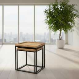 Industrial Mango Wood Side Tables Square Tray Top, Metal Legs - Set Of 2 - thumbnail 2