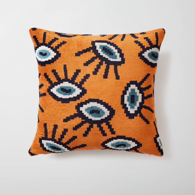 Burnt Orange Evil Eye Pillow Cover Ikat Woven Jacquard, 18x18 Inch - image 1