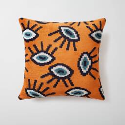 Burnt Orange Evil Eye Pillow Cover Ikat Woven Jacquard, 18x18 Inch - thumbnail 1