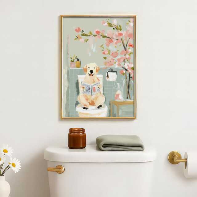Golden Retriever Toilet Art Print - Funny Bathroom Wall Dog Lover Gift Humorous Quirky Animal Decor - image 1
