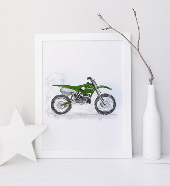 Green Motocross Illustration/Moto Vehicule Decorative Print For Children's Room Playroom Gallery Wall