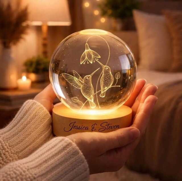 Personalized Hummingbird 3D Crystal Ball Lamp, Custom Gift For Couple, Engraved Wooden Base Night Light, Romantic Nature Decor & Unique - image 1