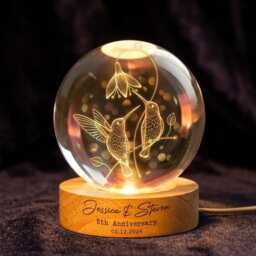 Personalized Hummingbird 3D Crystal Ball Lamp, Custom Gift For Couple, Engraved Wooden Base Night Light, Romantic Nature Decor & Unique - thumbnail 3