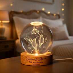Personalized Hummingbird 3D Crystal Ball Lamp, Custom Gift For Couple, Engraved Wooden Base Night Light, Romantic Nature Decor & Unique - thumbnail 2