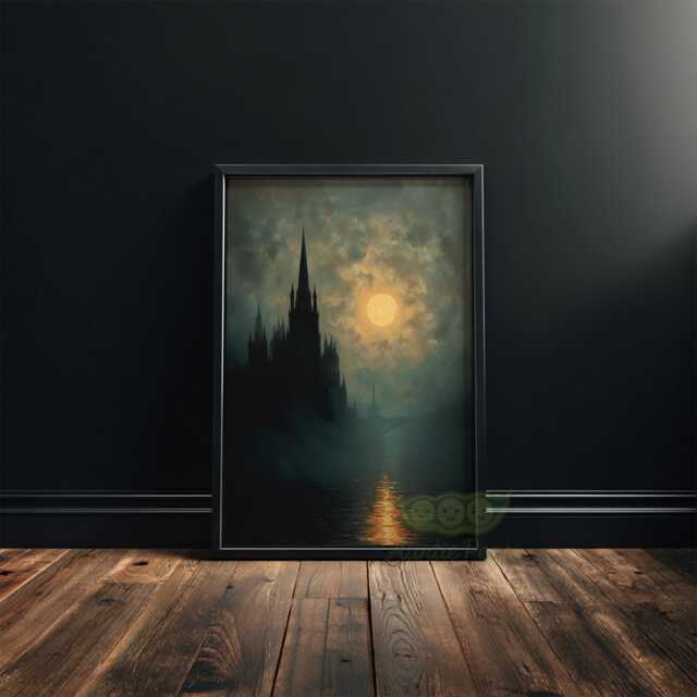 Gothic Cathedral Wall Art, Moonlit Church Painting Print, Dark Architecture Artwork, Moody Night Sky Decor, Academia Art - image 1