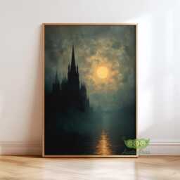 Gothic Cathedral Wall Art, Moonlit Church Painting Print, Dark Architecture Artwork, Moody Night Sky Decor, Academia Art - thumbnail 3