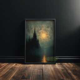 Gothic Cathedral Wall Art, Moonlit Church Painting Print, Dark Architecture Artwork, Moody Night Sky Decor, Academia Art - thumbnail 1