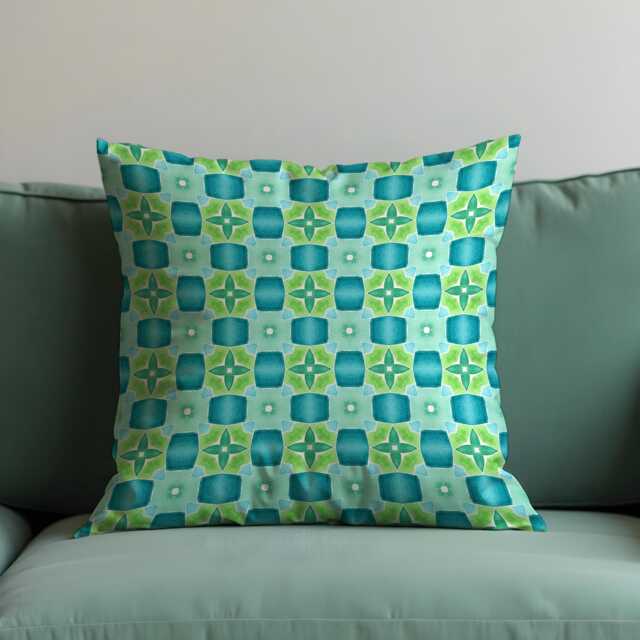 Retro Blue Green Geometric Cushion Cover, Mid Century Modern Tile Pattern Pillow Abstract Living Room & Bedroom Decoration - image 1