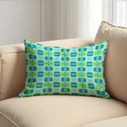 Retro Blue Green Geometric Cushion Cover, Mid Century Modern Tile Pattern Pillow Abstract Living Room & Bedroom Decoration - thumbnail 3