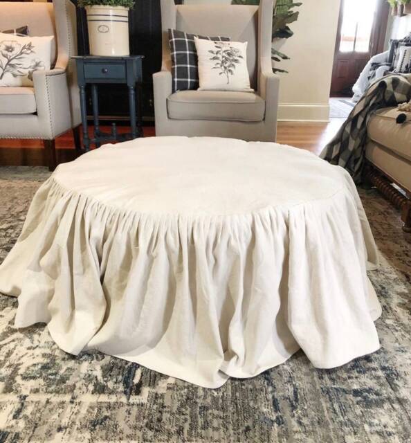 Slip Cover For Round Or Oval Ottoman, Custom Size, Ruffled, Creamy White, Gray Ivory Cotton, French Country, Farmhouse, Boho Styles Slipcovers - image 1