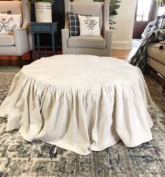 Slip Cover For Round Or Oval Ottoman, Custom Size, Ruffled, Creamy White, Gray Ivory Cotton, French Country, Farmhouse, Boho Styles Slipcovers