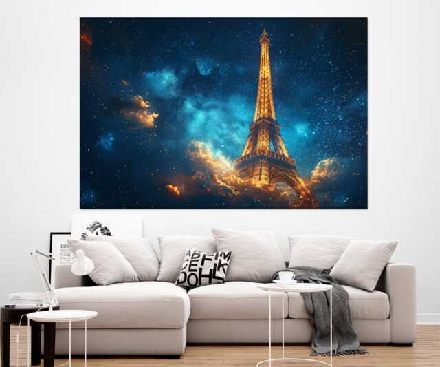Abstract Eiffel Tower At Night Painting Canvas Print, Paris Wall Art, Romantic Poster, Framed & Ready To Hang - image 1
