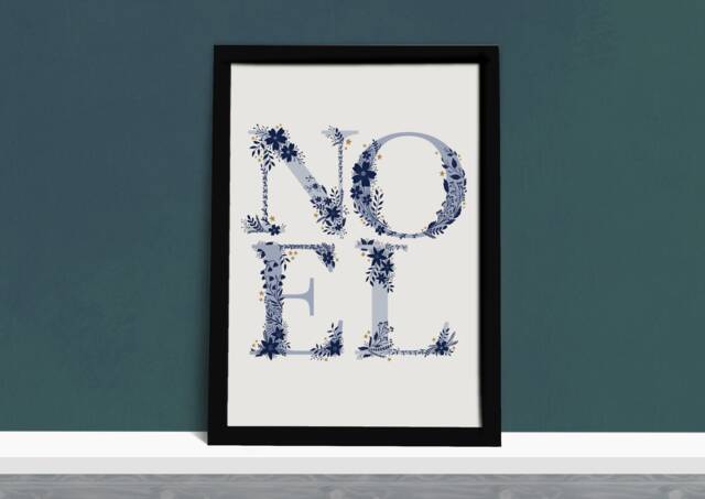 Noel Christmas Art Print - Blue Floral Festive Decoration Illustrated Wall Holiday Decor - image 1