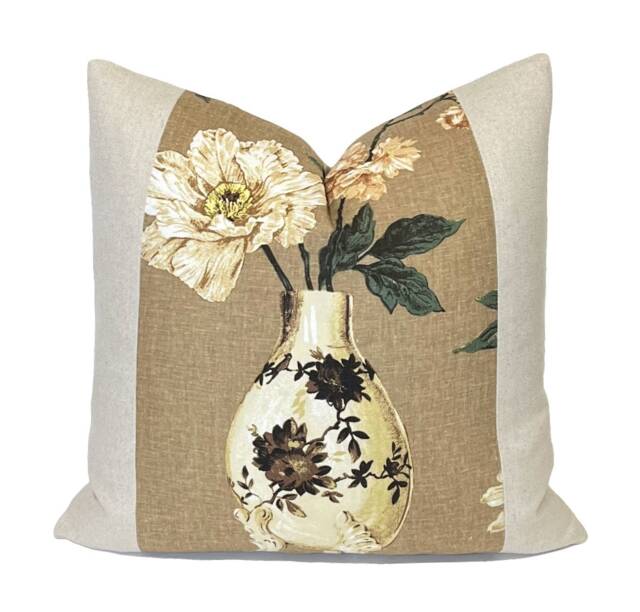 Brown Green Panel Floral Vase Pillow Cover - Yoshino Natural Throw Home Decor - image 1