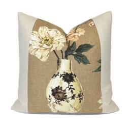 Brown Green Panel Floral Vase Pillow Cover - Yoshino Natural Throw Home Decor - thumbnail 1