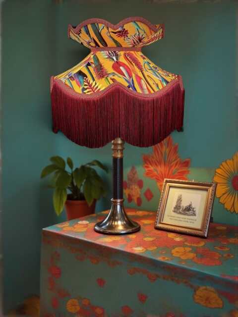 Handmade Ochre Botanical Velvet Lampshade With Burgundy Fringe - image 1