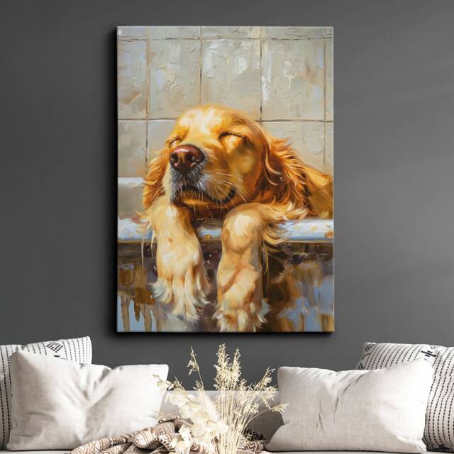 Golden Retriever Bathtub Dog Bathroom Painting Framed Poster Print Or Canvas Wall Decor Art Bedroom Home Interior Gift For Lover - image 1