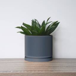Mid-Century Modern Planter With Drainage & Saucer in Stone Blue, Unique 3D-Printed Plant Pot, Small To Large Sizes, Perfect Gift - thumbnail 3