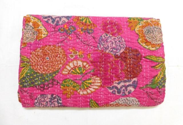 Pink Floral Kantha Quilt, Lightweight Cotton Tropical Bedspread - image 1