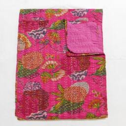 Pink Floral Kantha Quilt, Lightweight Cotton Tropical Bedspread - thumbnail 2