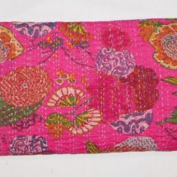 Pink Floral Kantha Quilt, Lightweight Cotton Tropical Bedspread - thumbnail 3