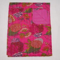 Pink Floral Kantha Quilt, Lightweight Cotton Tropical Bedspread - thumbnail 4