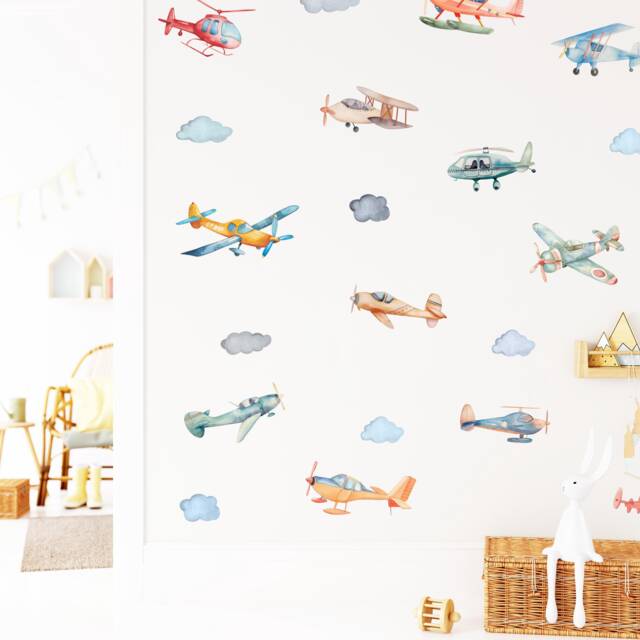 Watercolor Aircraft Wall Decal, Airplane & Helicopter Sticker, Boy's Room Decor, Nursery Art - image 1