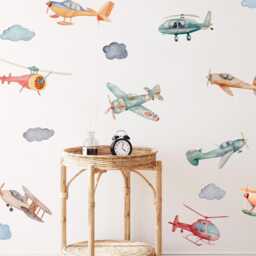 Watercolor Aircraft Wall Decal, Airplane & Helicopter Sticker, Boy's Room Decor, Nursery Art - thumbnail 3