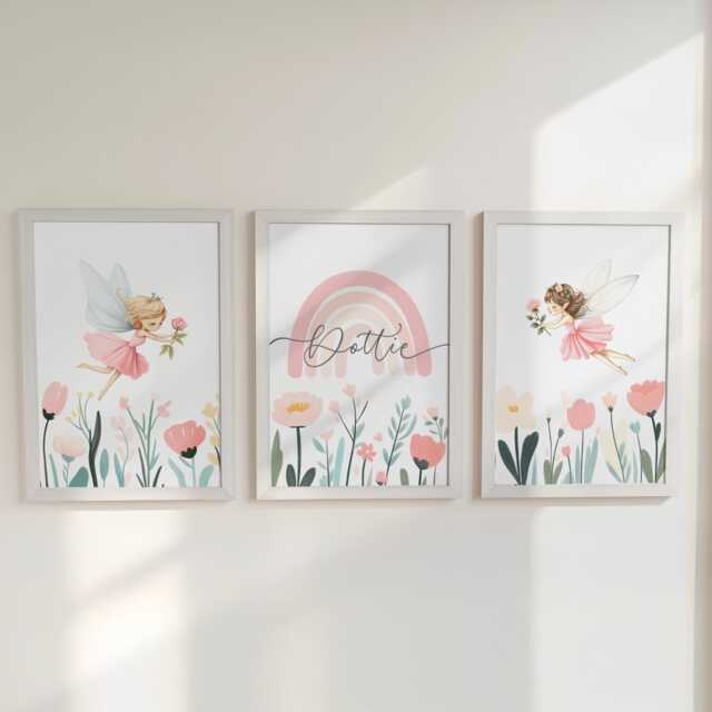 Personalised Rainbow Nursery Wall Prints, Fairies & Wildflower, Set Of 3 Custom Name Girls Bedroom Decor, Framed Pictures Playroom Posters - image 1