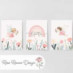 Personalised Rainbow Nursery Wall Prints, Fairies & Wildflower, Set Of 3 Custom Name Girls Bedroom Decor, Framed Pictures Playroom Posters - thumbnail 3