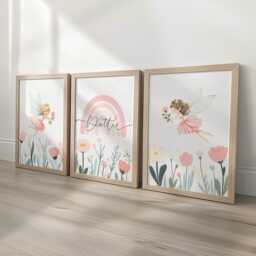 Personalised Rainbow Nursery Wall Prints, Fairies & Wildflower, Set Of 3 Custom Name Girls Bedroom Decor, Framed Pictures Playroom Posters - thumbnail 2