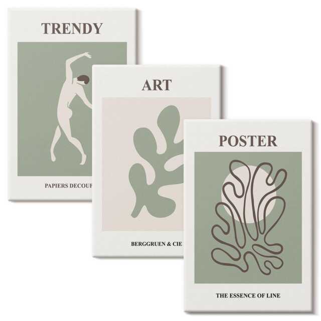 Canvas Wall Art Set Of 3 - Figures & Plant Motifs in Subdued Colors, Green Large, Artwork Hanging Piece - image 1