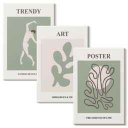Canvas Wall Art Set Of 3 - Figures & Plant Motifs in Subdued Colors, Green Large, Artwork Hanging Piece - thumbnail 1
