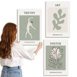 Canvas Wall Art Set Of 3 - Figures & Plant Motifs in Subdued Colors, Green Large, Artwork Hanging Piece - thumbnail 2
