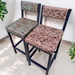 Genuine Leather Stool Featuring Embossed With Roses Pattern & Black Steel Frame - B - Fpbk