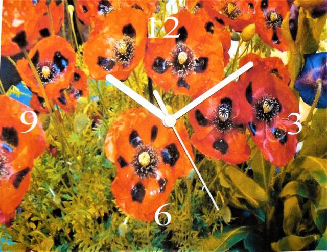 Poppies Flower Wall Clock, Gloss Aluminum, Floral Art