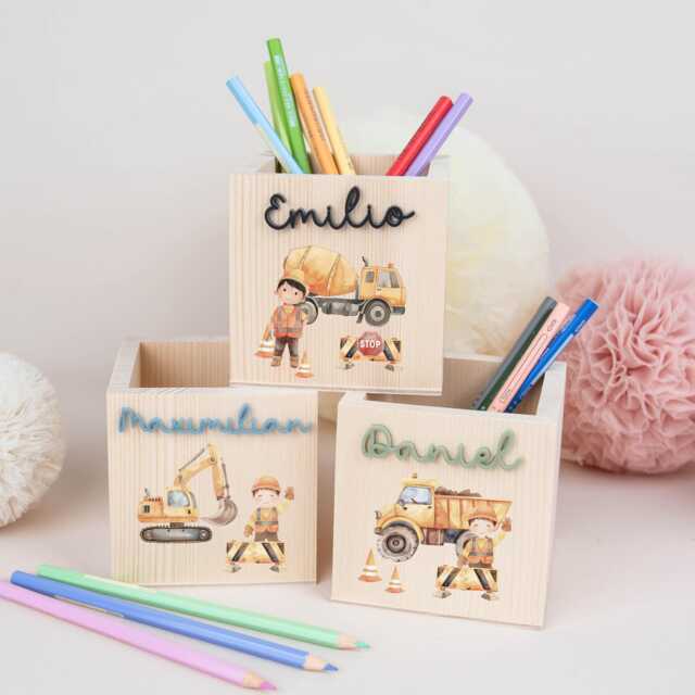 Personalized Pencil Cup For Boys With Acrylic Name, Wooden Holder Construction Site, School Enrollment Gift, Child Cone Excavator - image 1