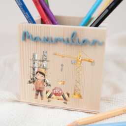 Personalized Pencil Cup For Boys With Acrylic Name, Wooden Holder Construction Site, School Enrollment Gift, Child Cone Excavator - thumbnail 3