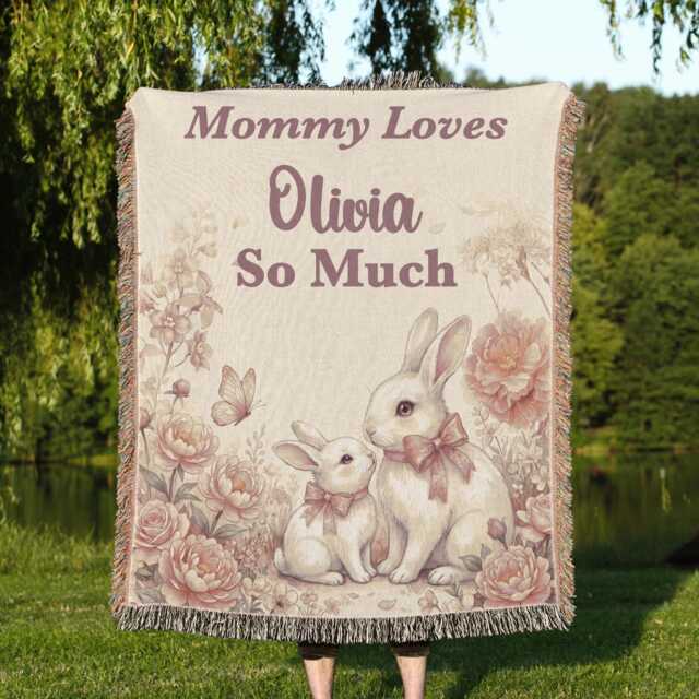 Personalized Mommy Loves You Blanket, Custom Name Watercolor Bunny Nursery Keepsake, & Me Throw, New Baby Gift - image 1