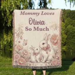 Personalized Mommy Loves You Blanket, Custom Name Watercolor Bunny Nursery Keepsake, & Me Throw, New Baby Gift - thumbnail 1