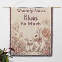 Personalized Mommy Loves You Blanket, Custom Name Watercolor Bunny Nursery Keepsake, & Me Throw, New Baby Gift - thumbnail 2