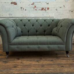 British Handmade 2 Seater Khaki Green Herringbone Wool Chesterfield Sofa - thumbnail 3